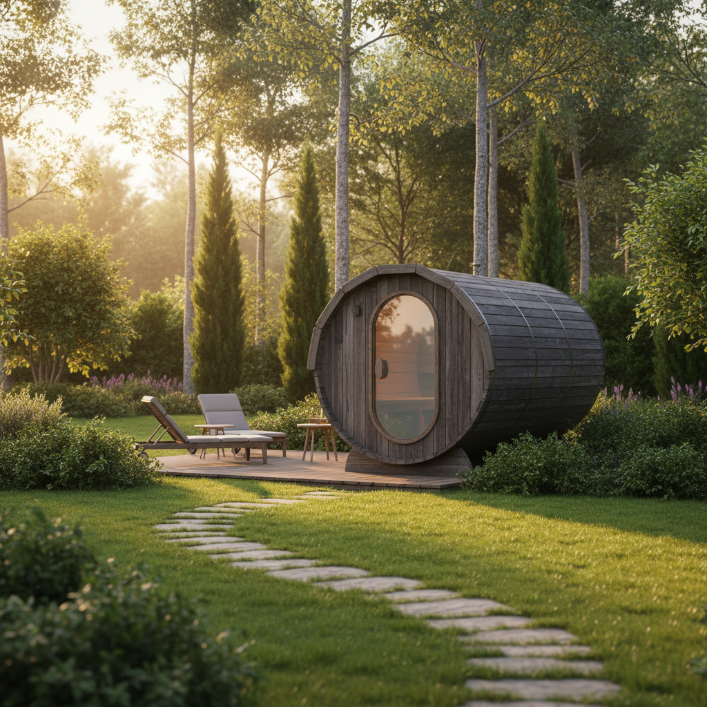 Gemütliche Fasssauna für 4 Personen im Garten bei Sonnenuntergang