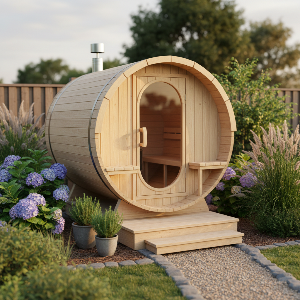 Holzofen in einer Fasssauna mit flackerndem Feuer