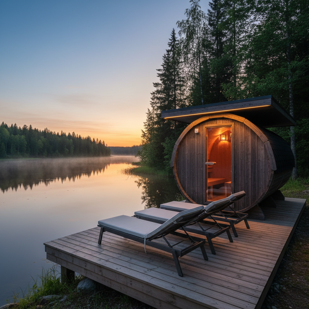 Zwei Bänke in einer Fasssauna für 4 Personen