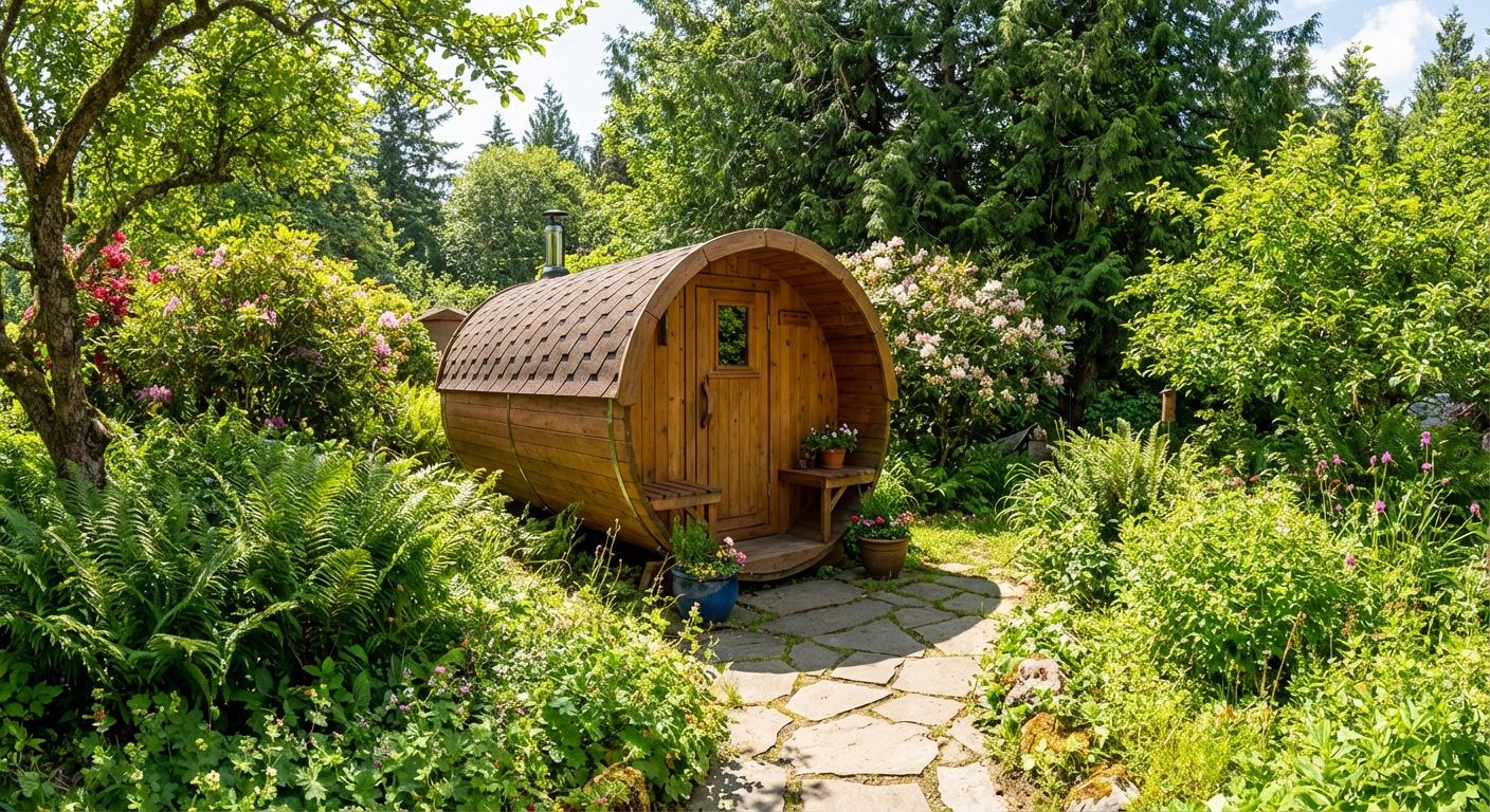 Fasssauna kaufen – runde Holzsauna im Garten mit Terrasse