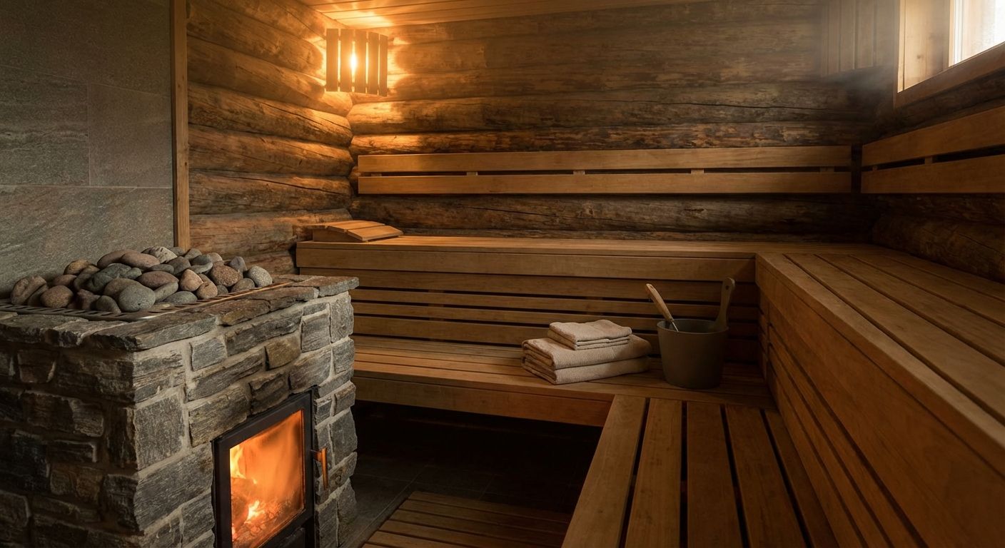 Fasssauna Innenraum mit Holzliegen und Saunaofen