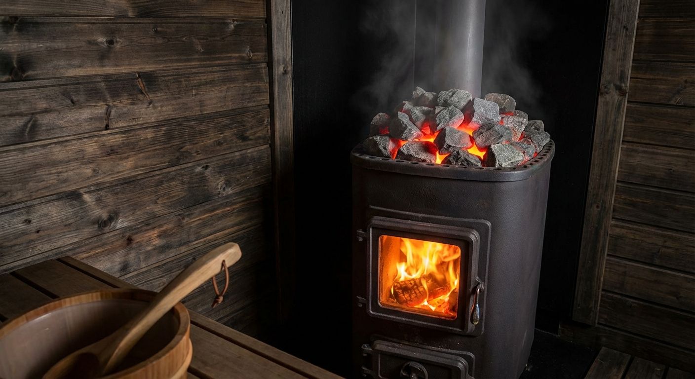 Saunaofen in einer Fasssauna – Holzofen mit Saunasteinen
