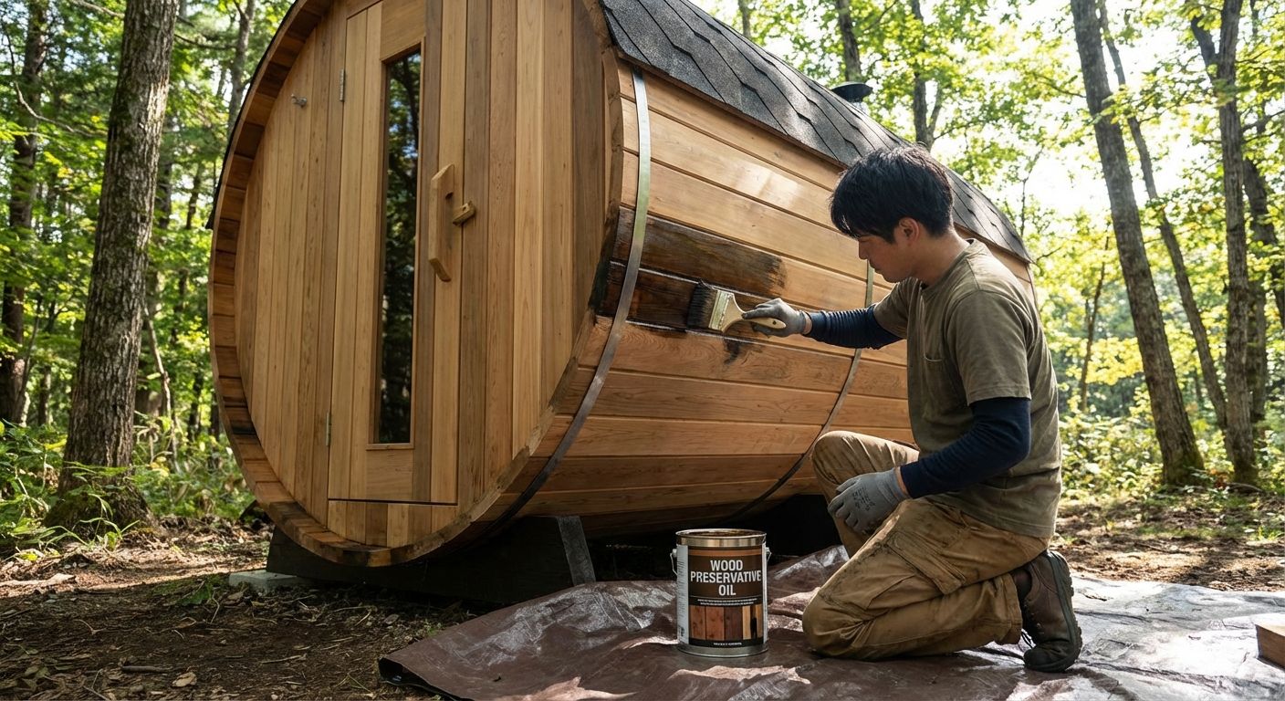 Fasssauna Pflege – Außenwand wird mit Schutzöl behandelt