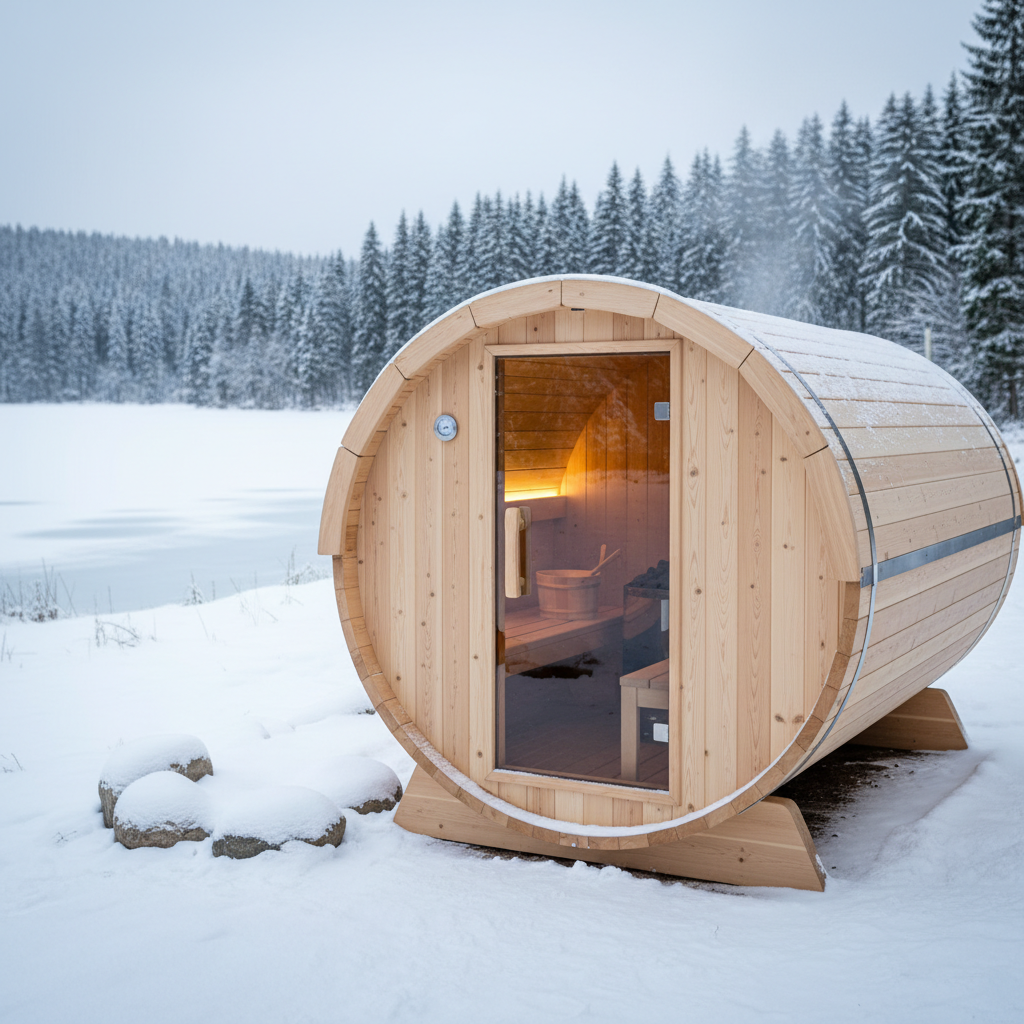 Moderne Fasssauna im Garten