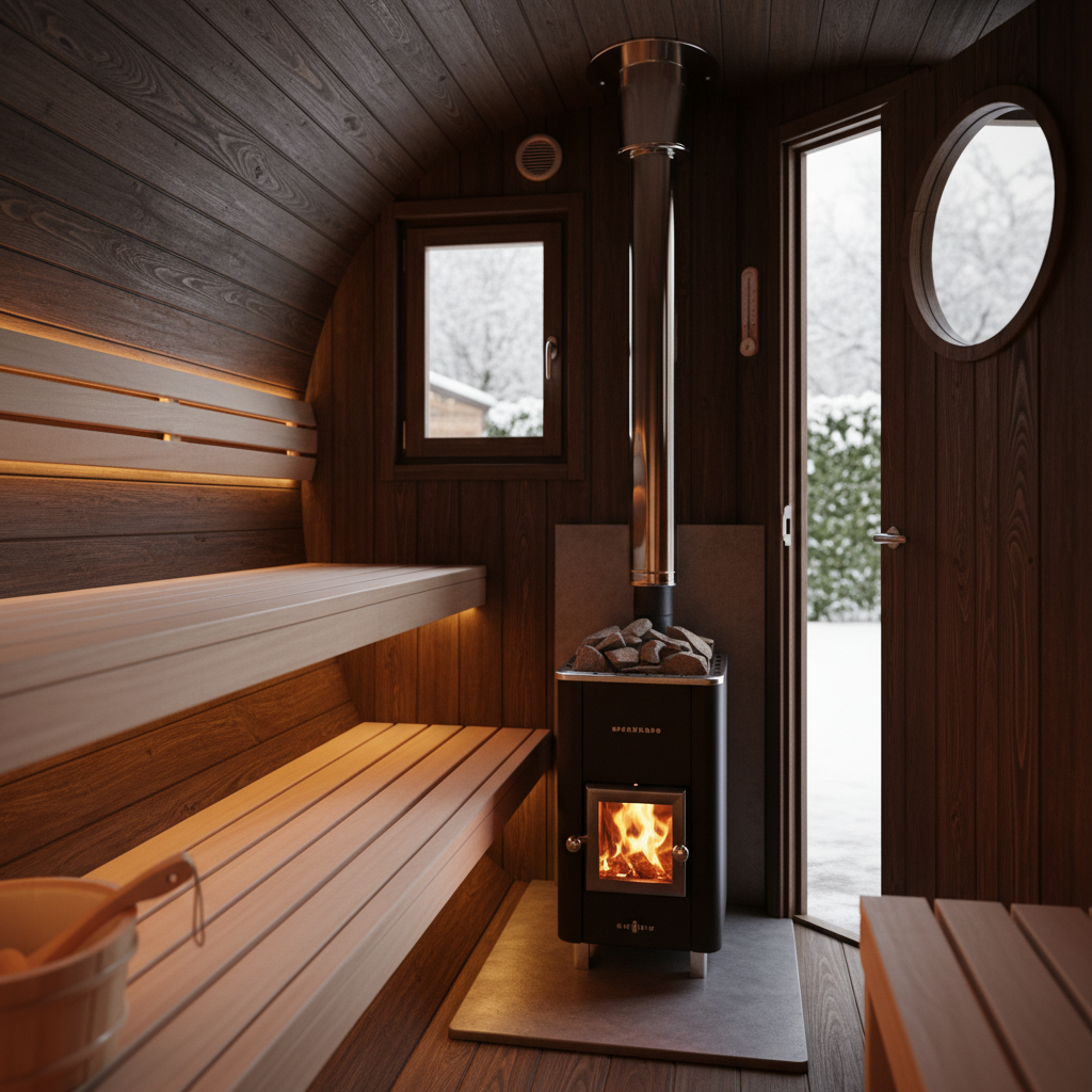 Nahaufnahme eines Geldbündels mit einer Fasssauna im Hintergrund