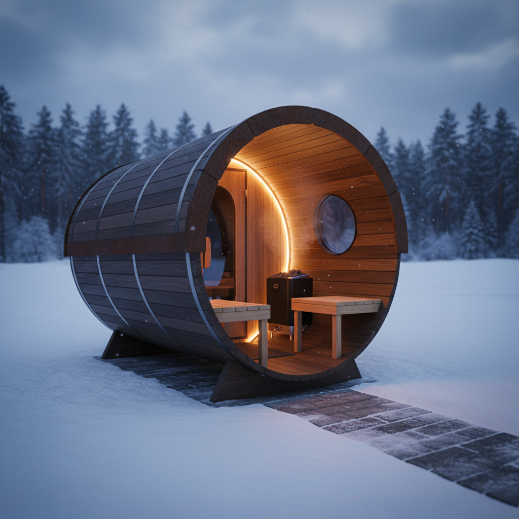 Person genießt das Saunieren in einer Fasssauna