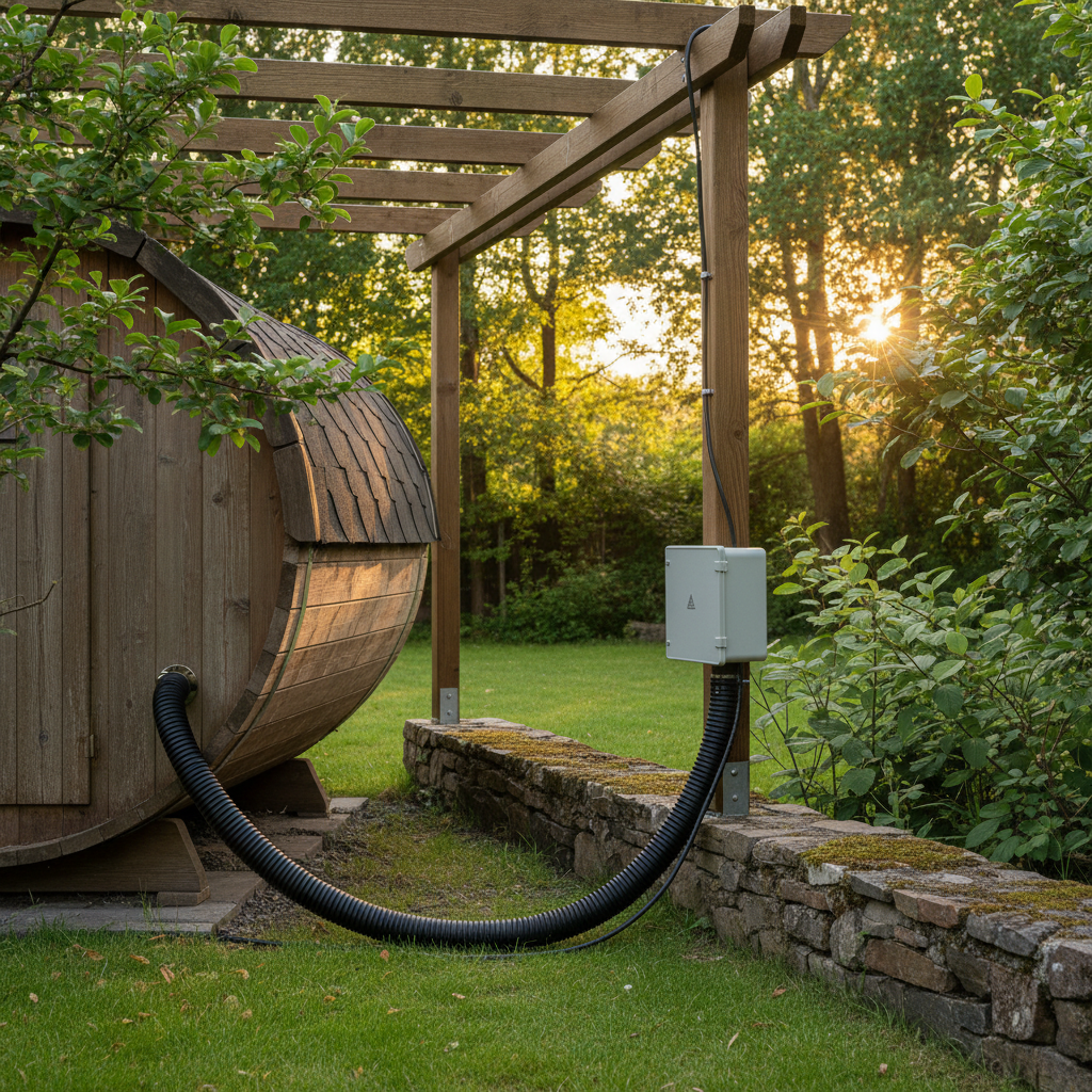 Elektrische Fasssauna im Garten bei Sonnenuntergang