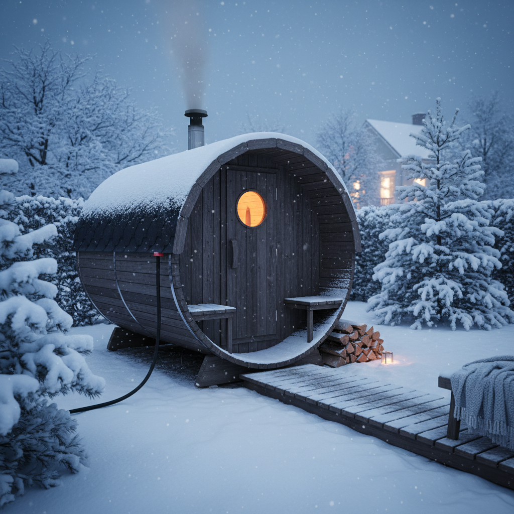 Nahaufnahme eines Stromzählers mit Fasssauna im Hintergrund