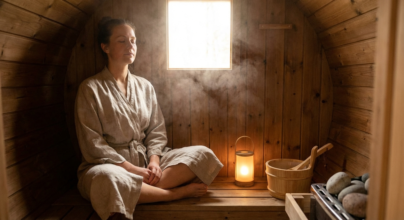 Person meditiert entspannt in einer Fasssauna mit sanftem Licht und Dampf