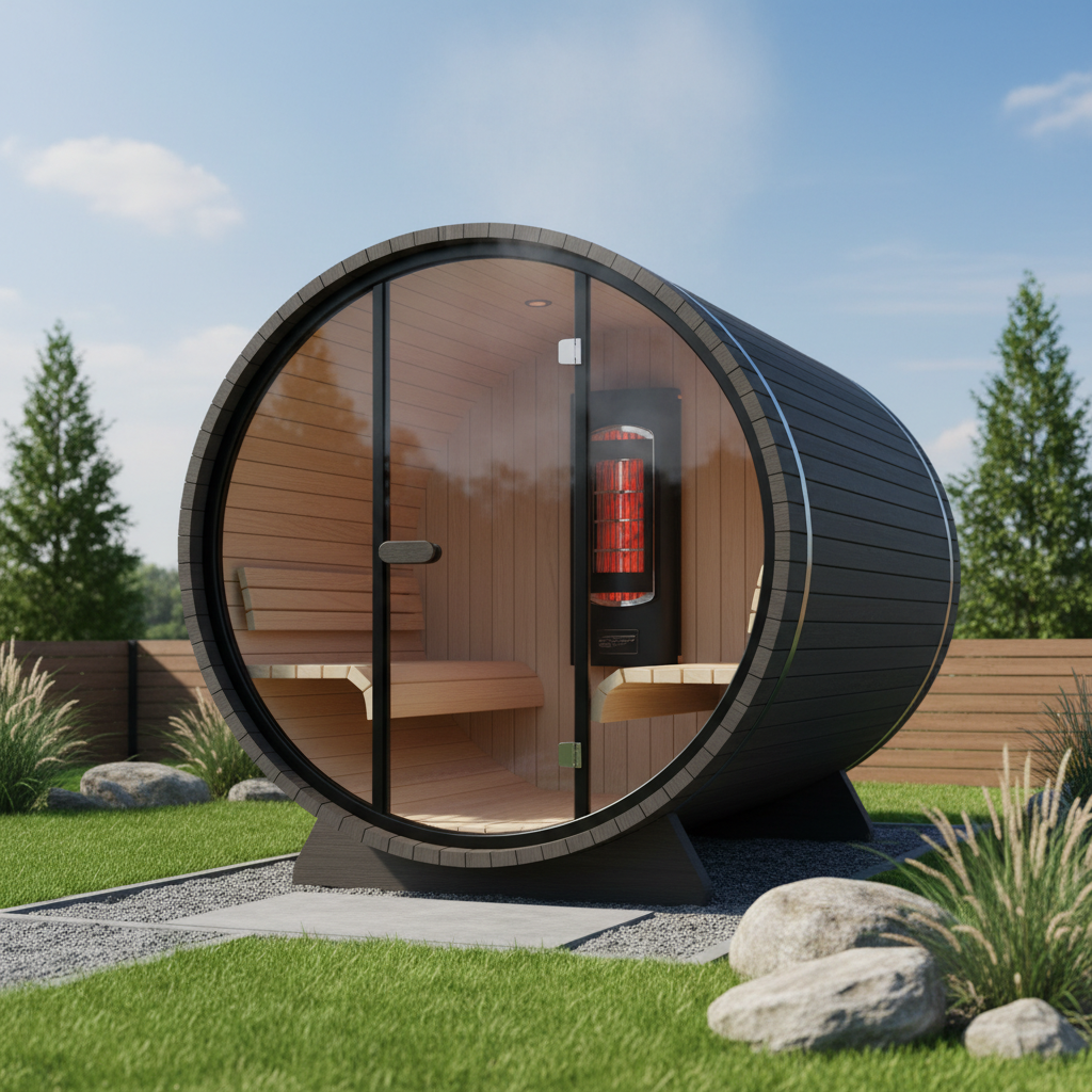 Moderne Fasssauna mit Elektroofen im Garten