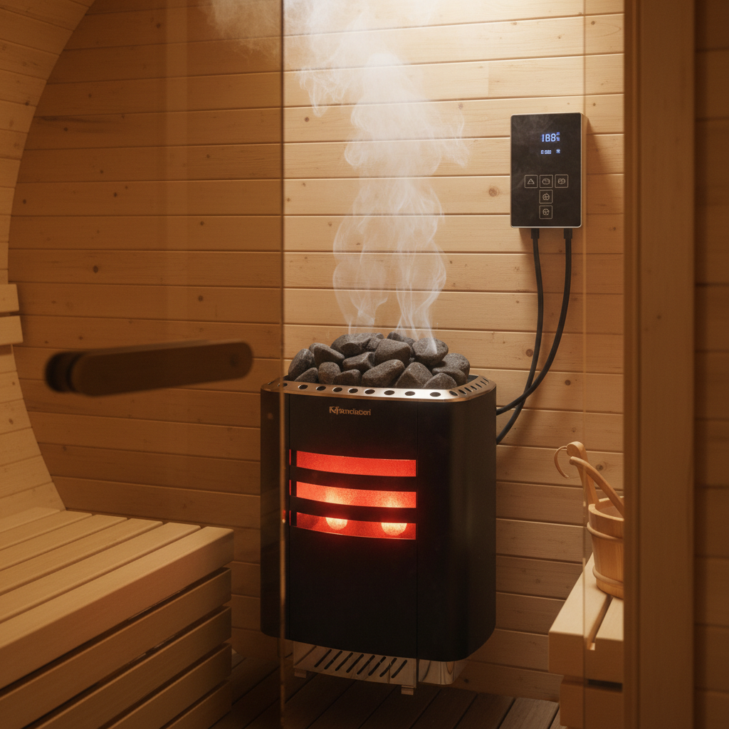 Fasssauna mit modernem Elektroofen im Inneren