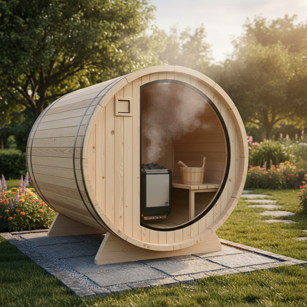 Fasssauna mit Elektroofen bei Sonnenuntergang