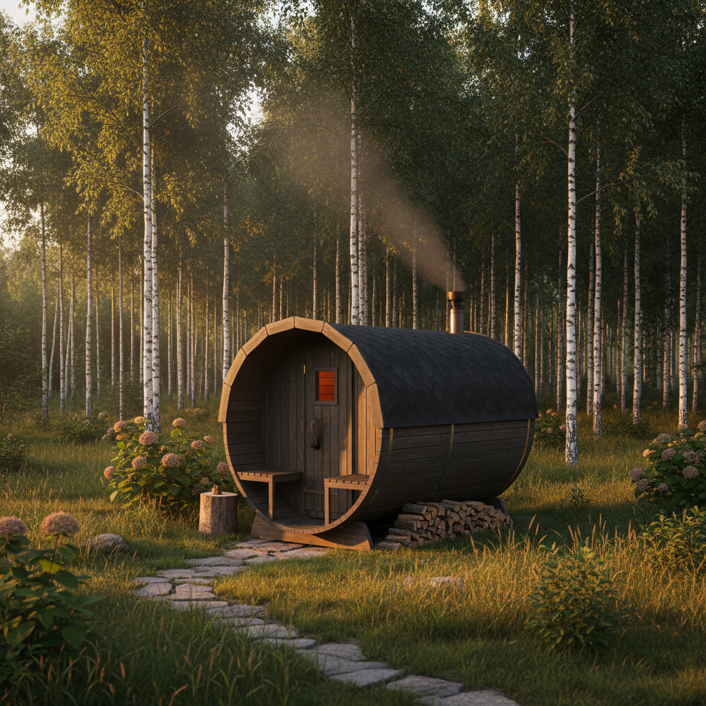 Fasssauna mit Holzofen im Winter bei Schnee