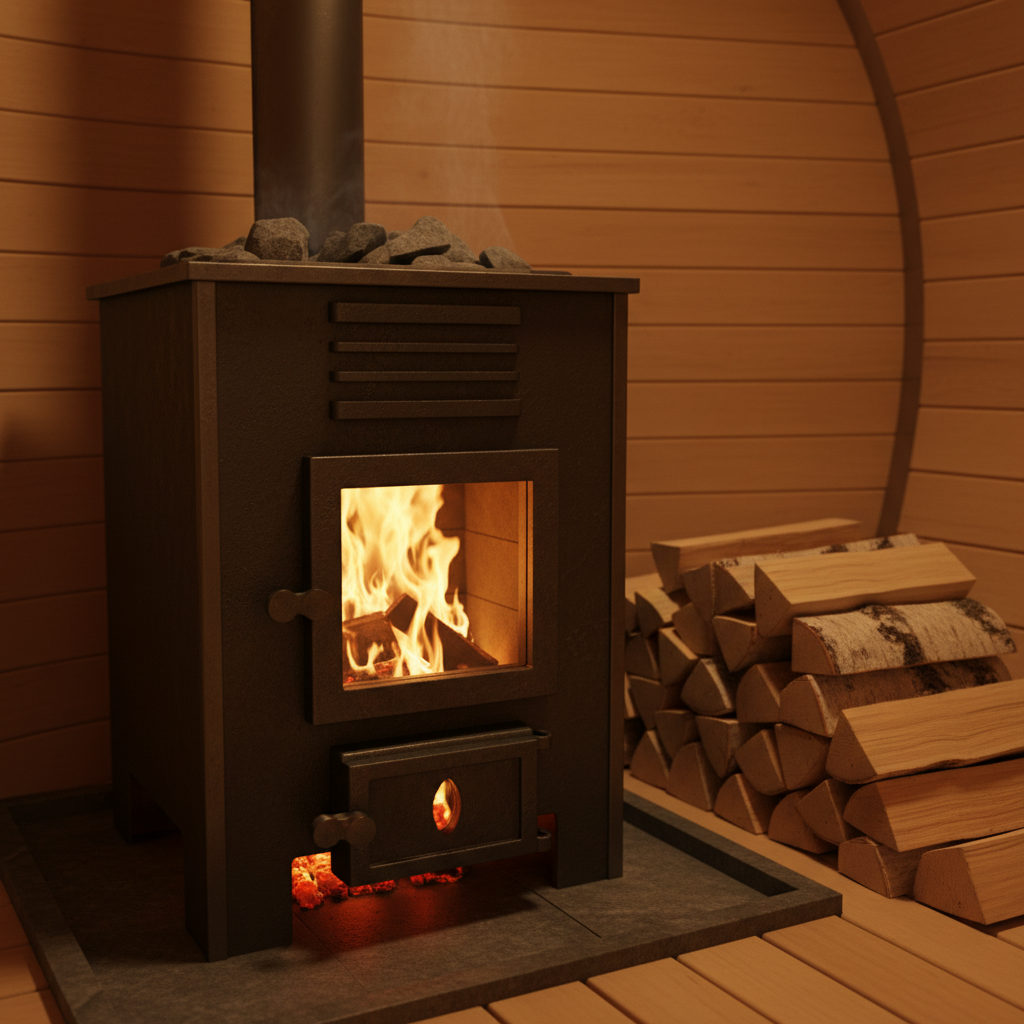 Holzofen mit offener Tür und brennendem Holz