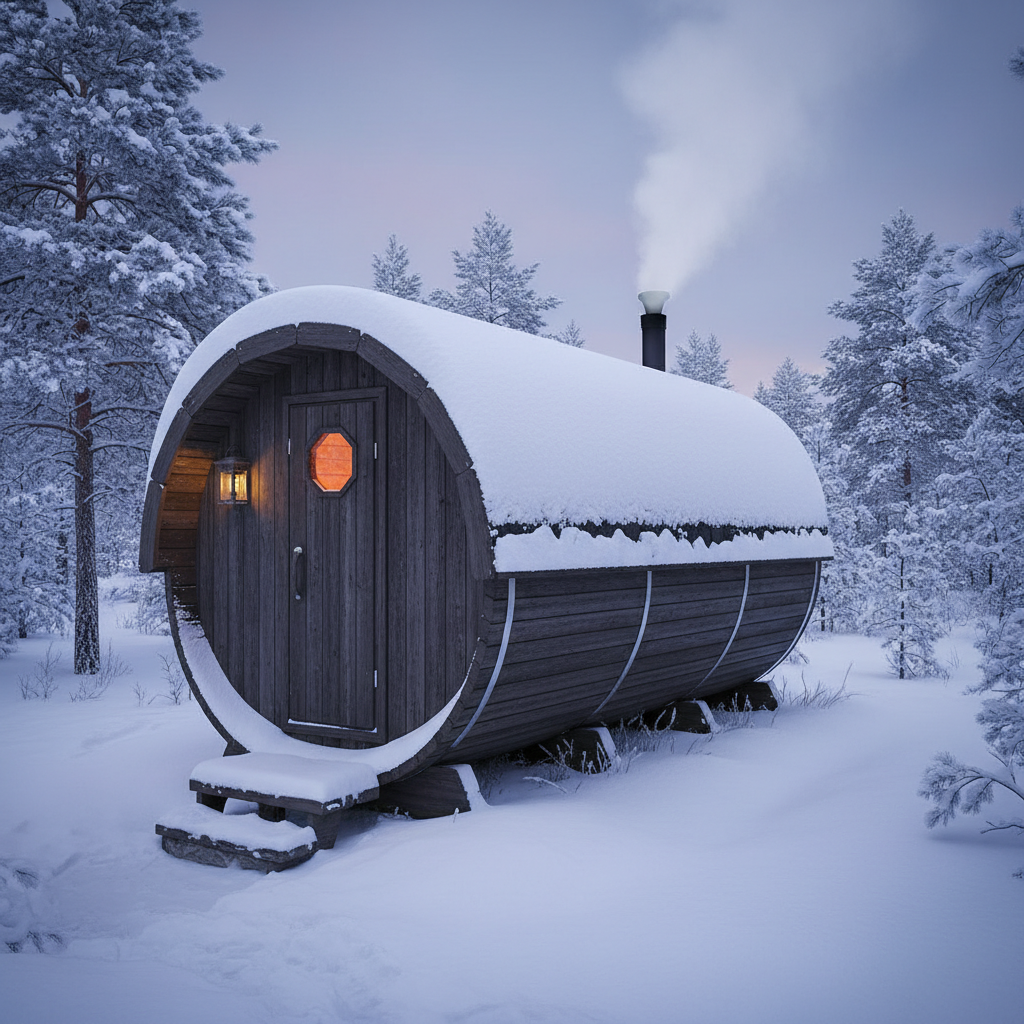 Fasssauna mit Holzofen im Aufbau