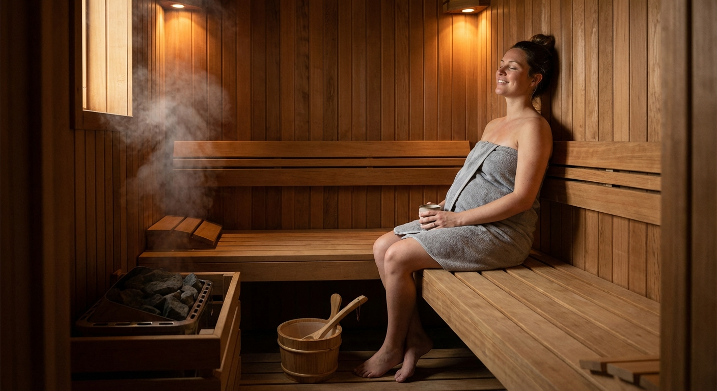 Schwangere Frau entspannt in einer Sauna