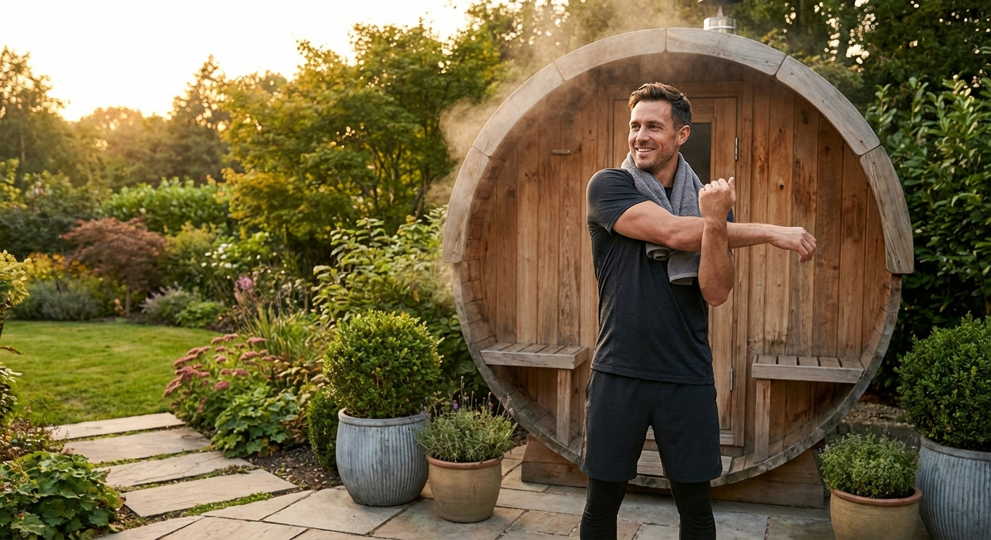 Sportler entspannt nach dem Training neben einer Fasssauna