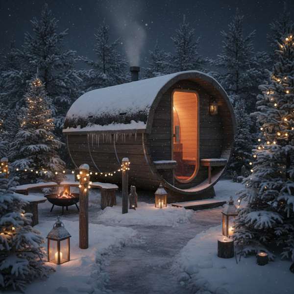 Fasssauna im Winter mit Schnee romantisch beleuchtet