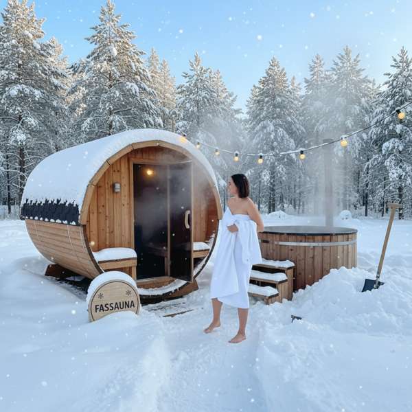 Person kühlt sich nach der Sauna im Schnee ab