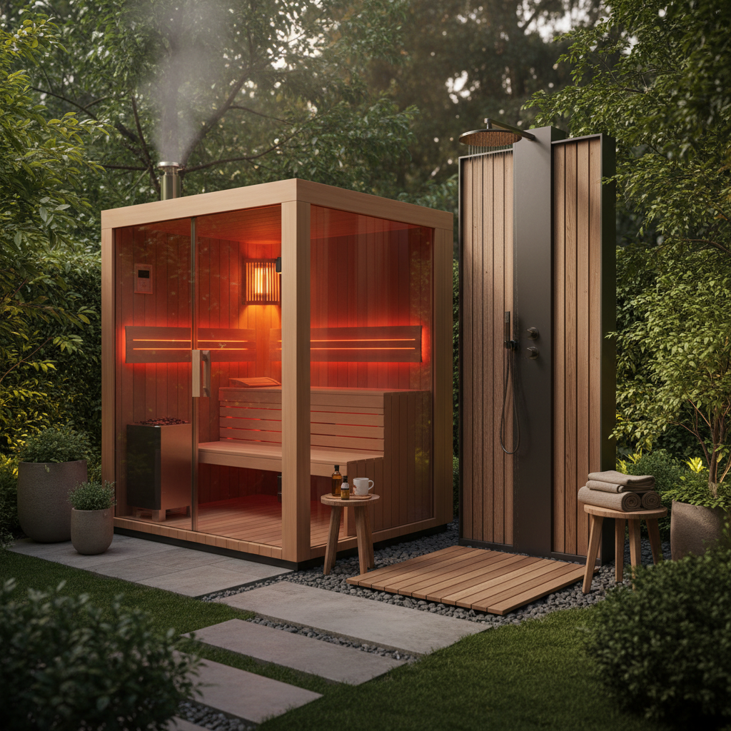 Gartensauna mit integrierter Außendusche im Holzdesign