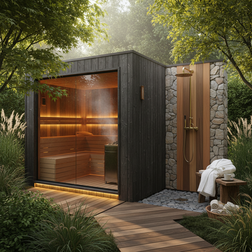 Gartensauna mit Außendusche im traditionellen finnischen Stil