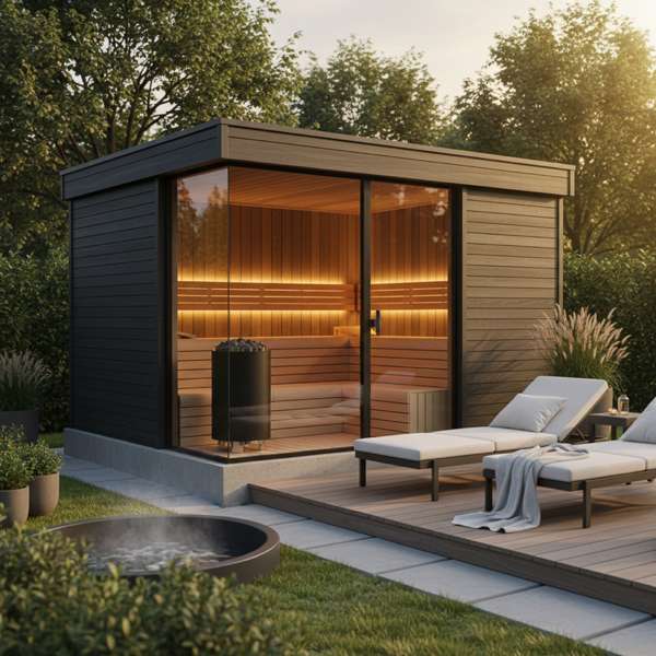 Moderne Gartensauna auf einem soliden Fundament