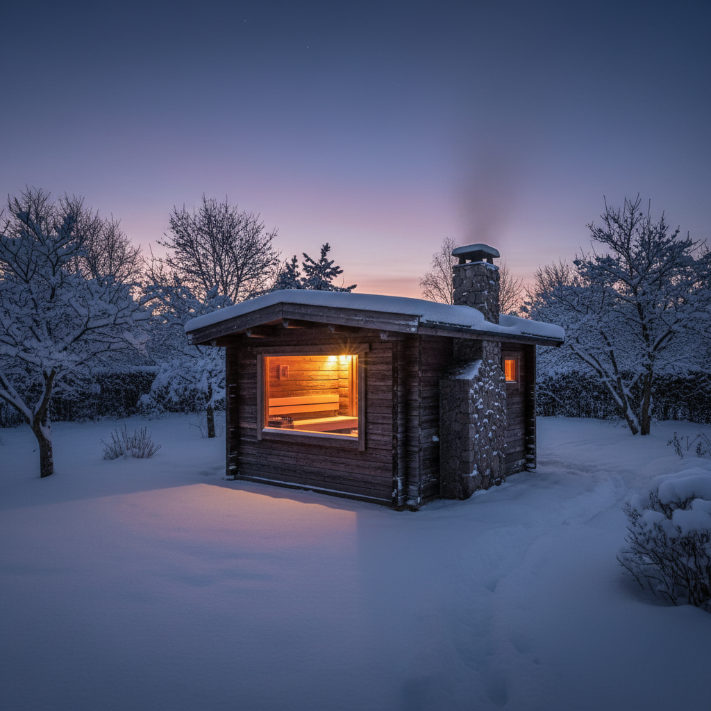 Gartensauna mit Holzofen im Winter bei Schnee