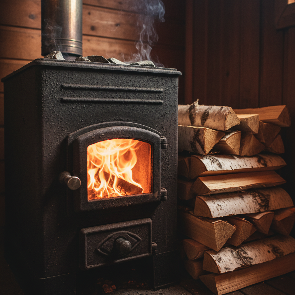 Holzofen Saunaofen Detail Feuerbox Holzscheite