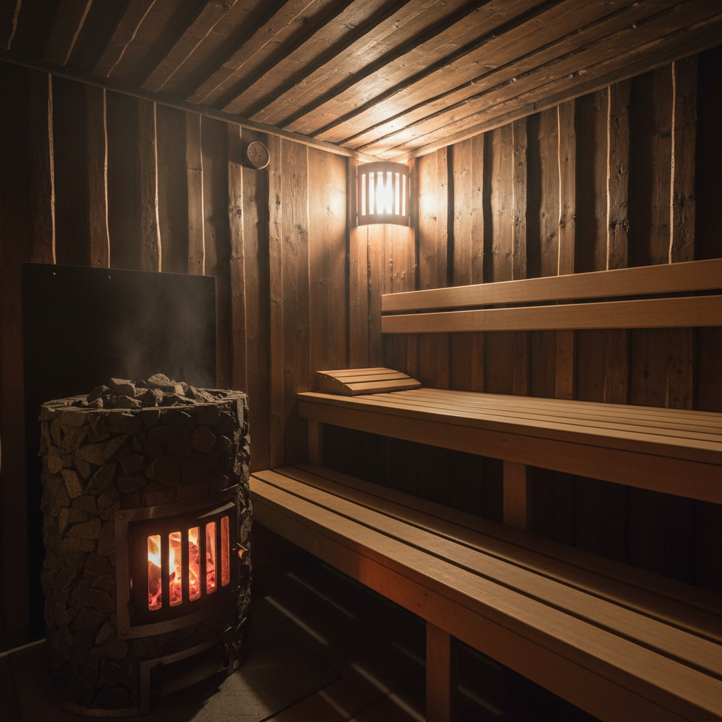 Gartensauna Innenraum mit Holzofen und Saunabank — finnische Atmosphäre