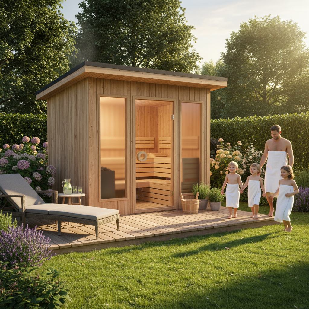 Moderne Gartensauna für 4 Personen im Grünen