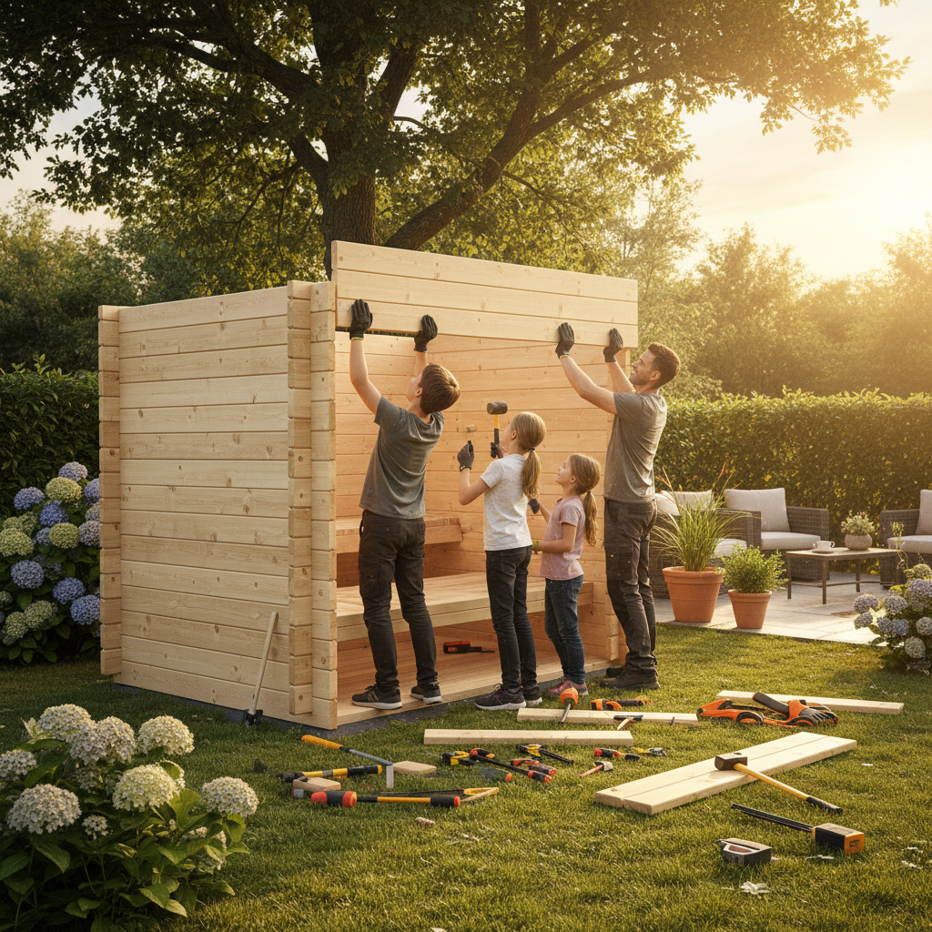 Glückliche Familie beim Saunieren in einer modernen Gartensauna