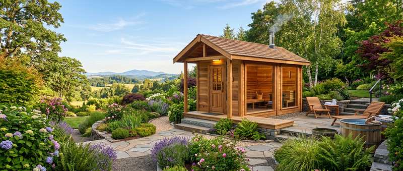 Gartensauna kaufen – klassische Holzsauna mit Veranda im Garten