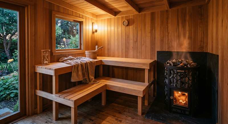 Saunaofen Gartensauna – Holzofen mit Kamin und Saunasteinen
