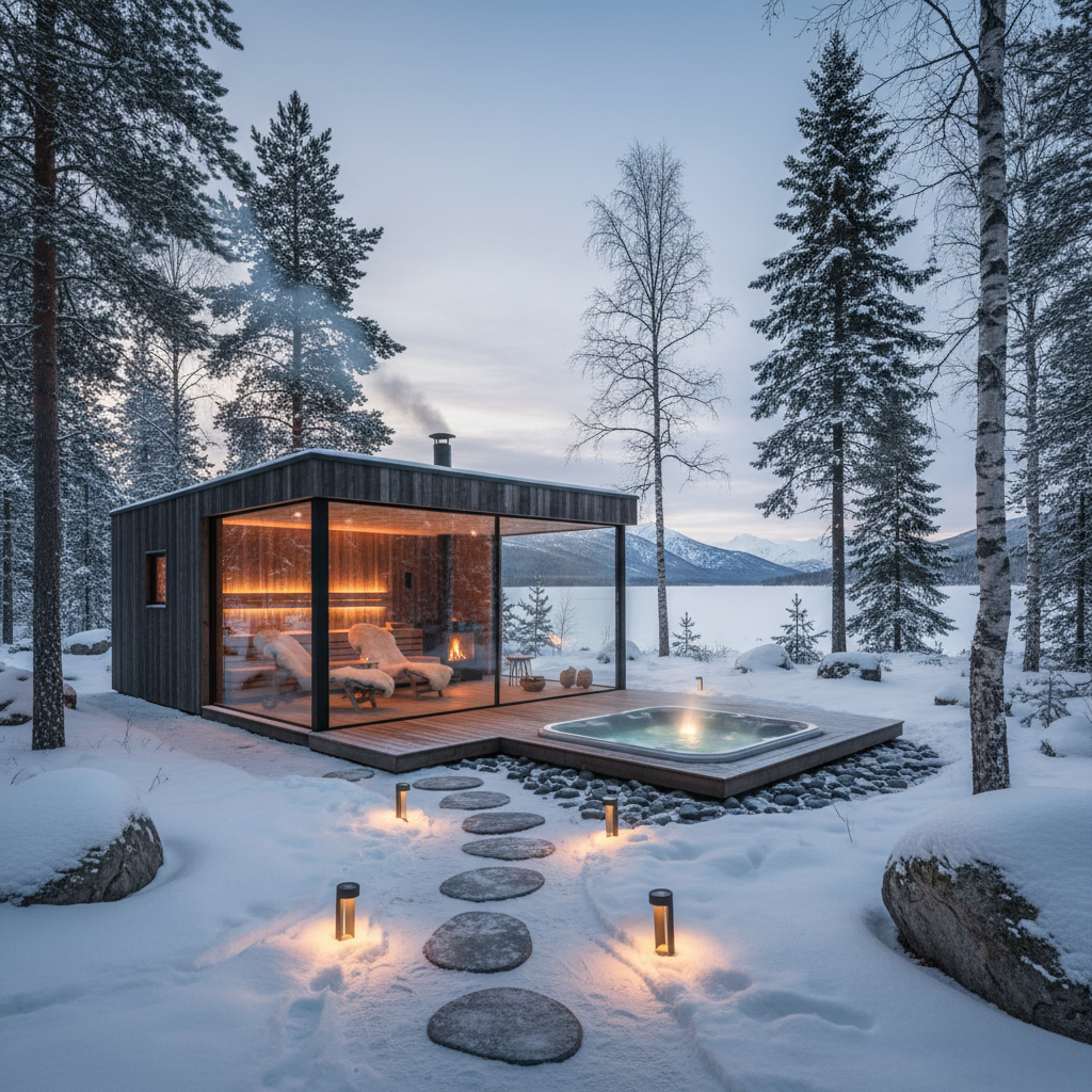 Gartensauna mit großzügigem Ruheraum im Grünen