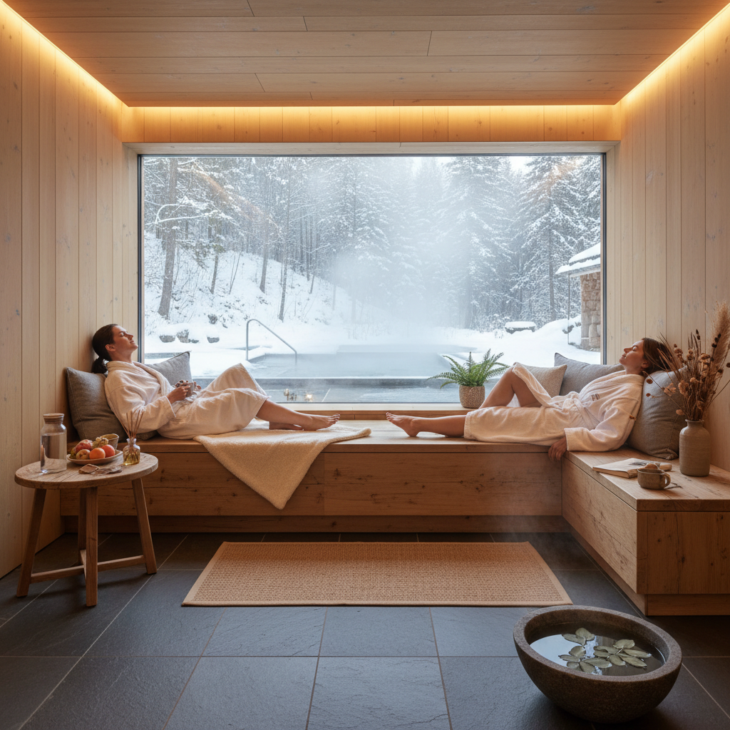 Gartensauna Vorraum Holzbank Fenster Entspannung