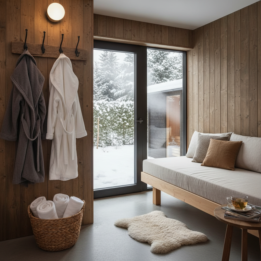 Gartensauna Vorraum eingerichtet Bank Haken Entspannung