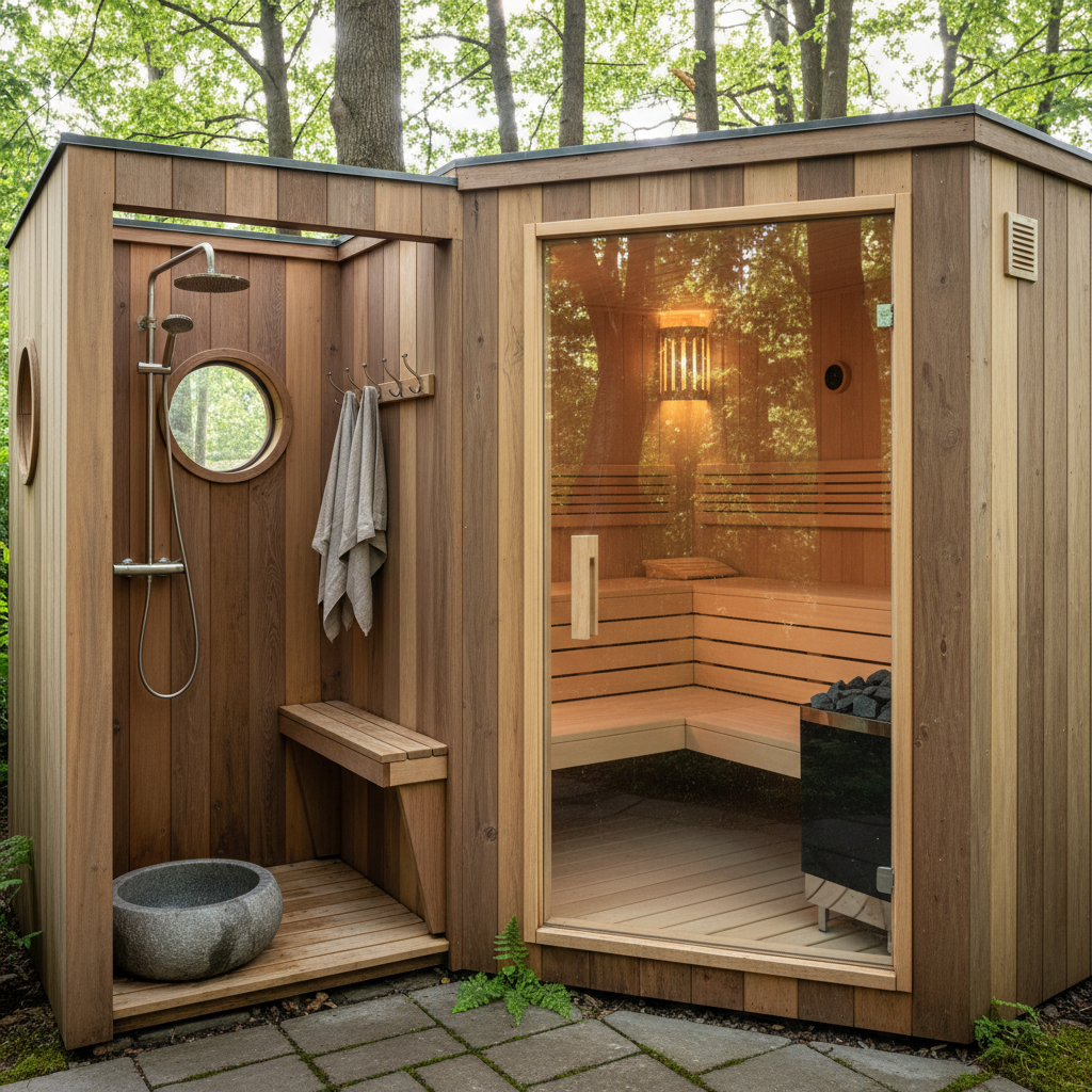 Gartensauna mit Vorraum und Dusche – Detailansicht der Dusche