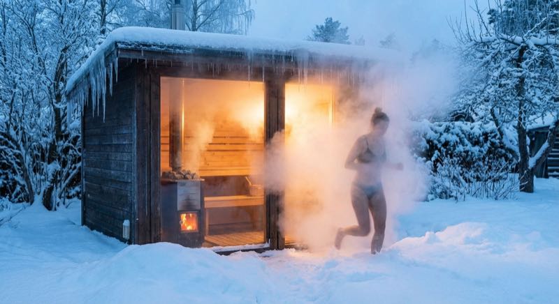 Gartensauna Winter: Sauna im Schnee mit Dampf aus Tür