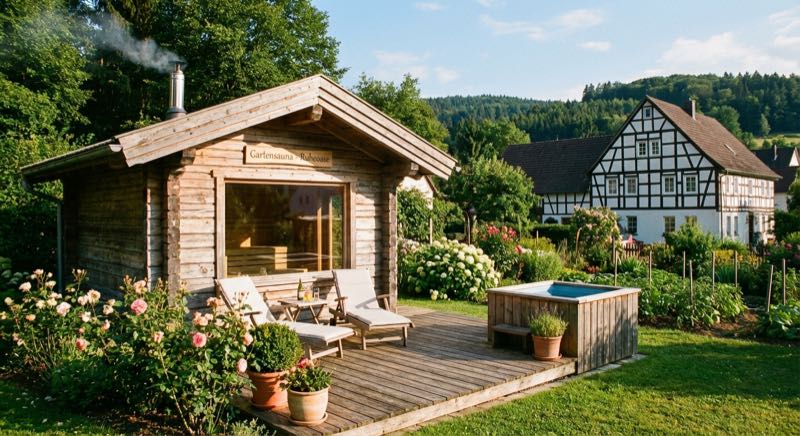 Gartensauna aus Holz im Garten mit Terrasse und Türe