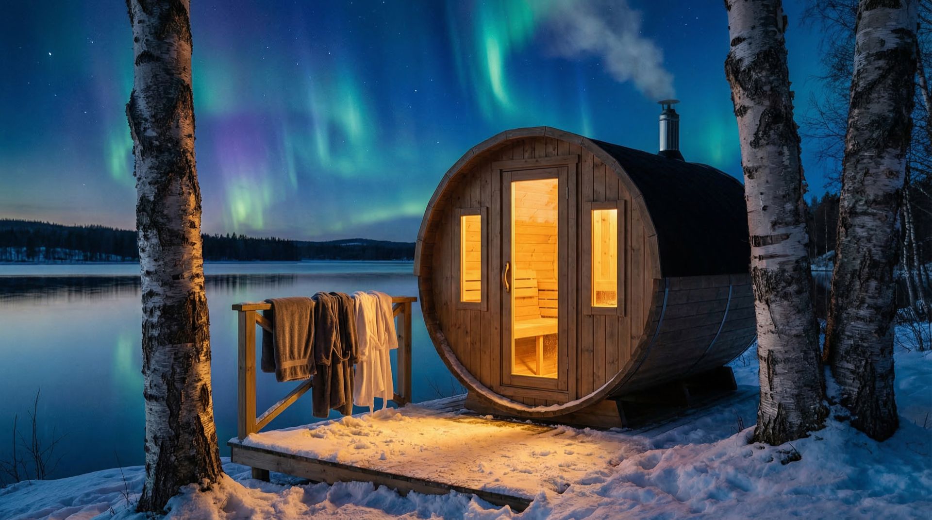 Fasssauna am See unter Nordlichtern — Skandinavische Winterlandschaft
