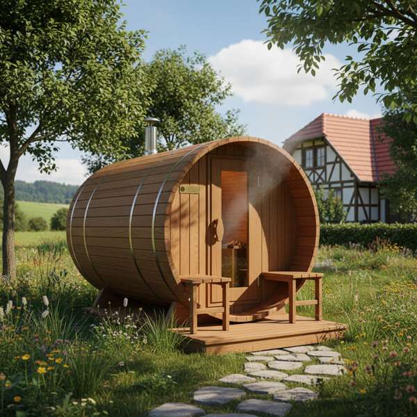Fasssauna aus Thermoholz im Garten — Herstellervergleich 2026