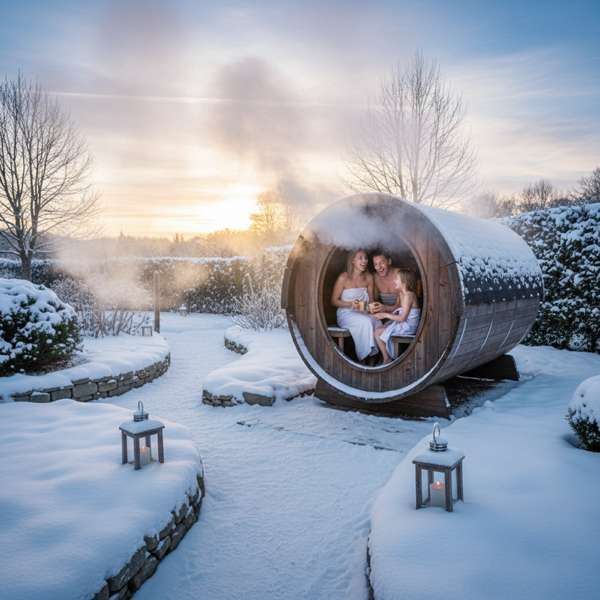 Fasssauna im winterlichen Garten mit aufsteigendem Dampf