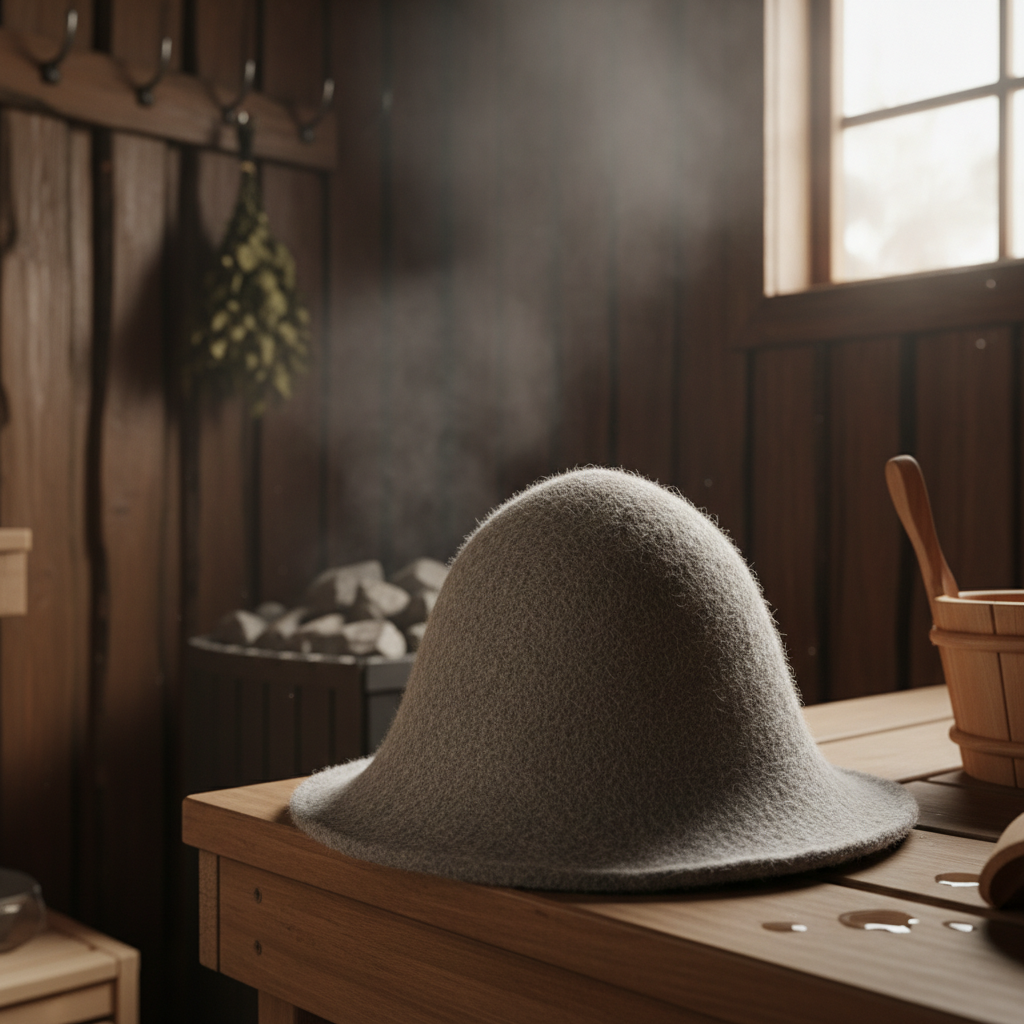 Saunahut aus Wollfilz in einer traditionellen Sauna