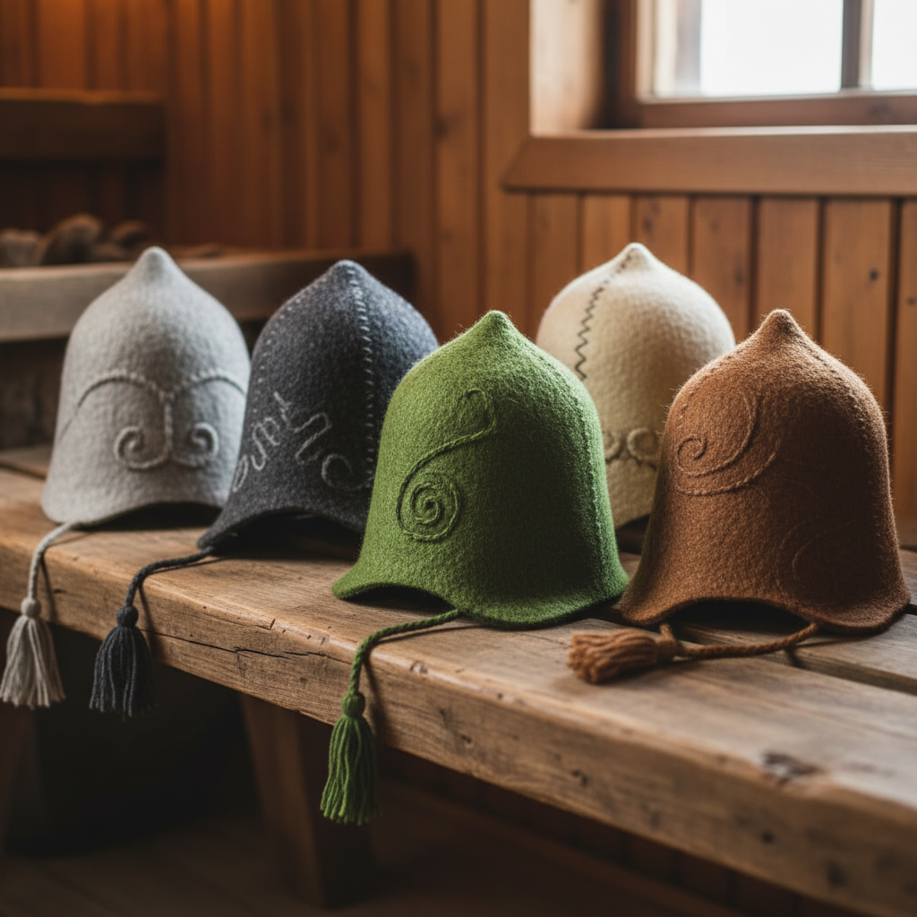 Verschiedene Saunahüte auf Holzbank, von vorne, traditionell, Filz