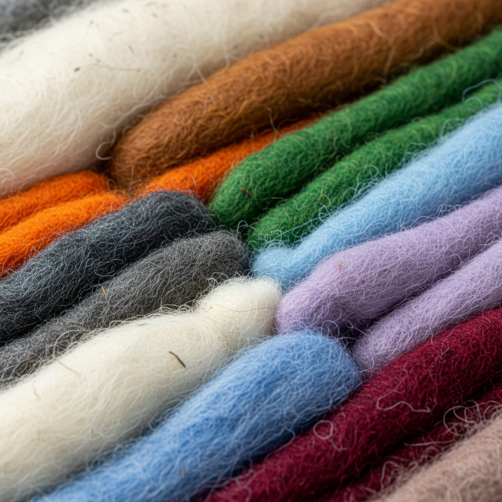 Nahaufnahme von verschiedenen Wollfilzfasern, um Materialvielfalt zu zeigen