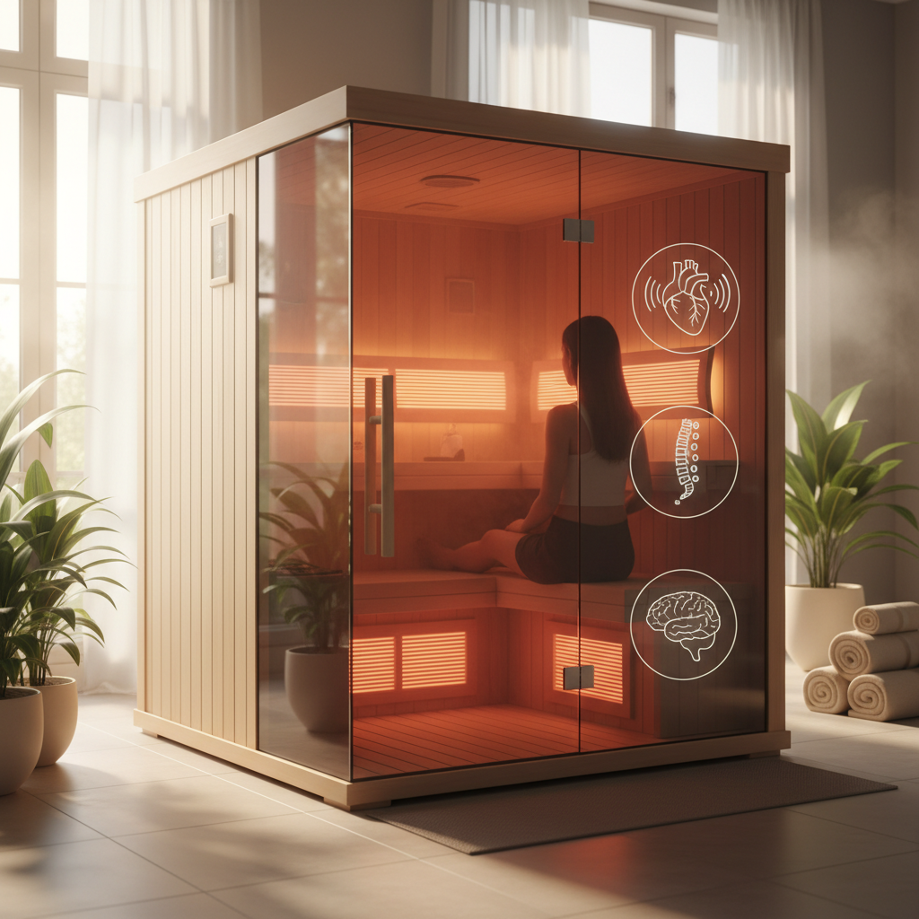 Moderne Infrarotkabine in einem hellen Raum, Fokus auf die medizinischen Wirkungen