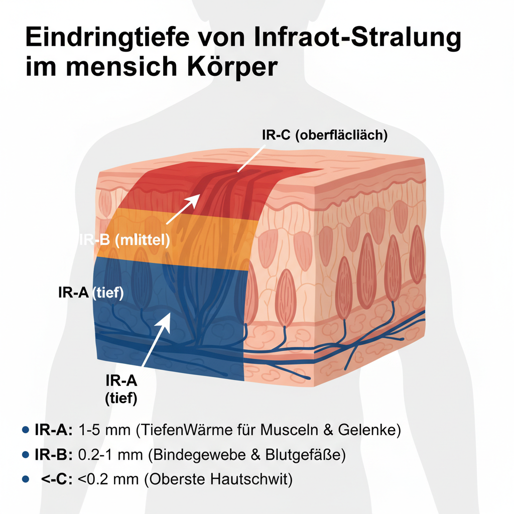 Grafik, die die Eindringtiefe von IR-A, IR-B und IR-C Strahlung in die Haut visualisiert.