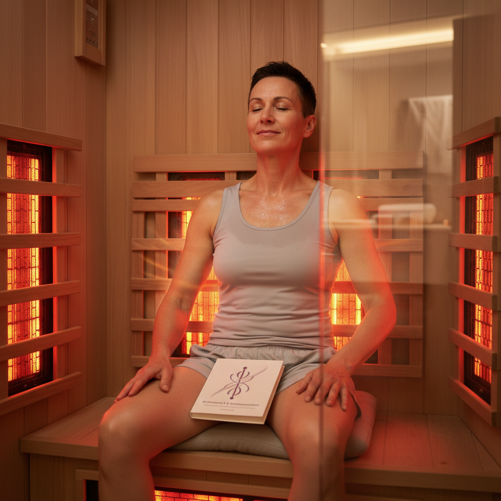 Person entspannt in einer Infrarotsauna, symbolisiert Schmerzlinderung und Entspannung bei gesundheitlichen Beschwerden