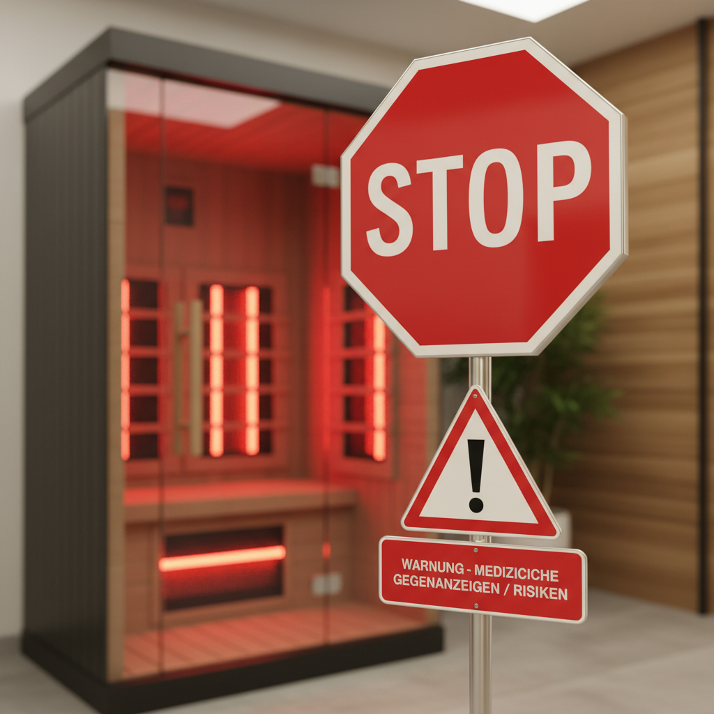 Warnschild mit durchgestrichener Infrarotkabine, symbolisiert Risiken und Gegenanzeigen bei der Nutzung