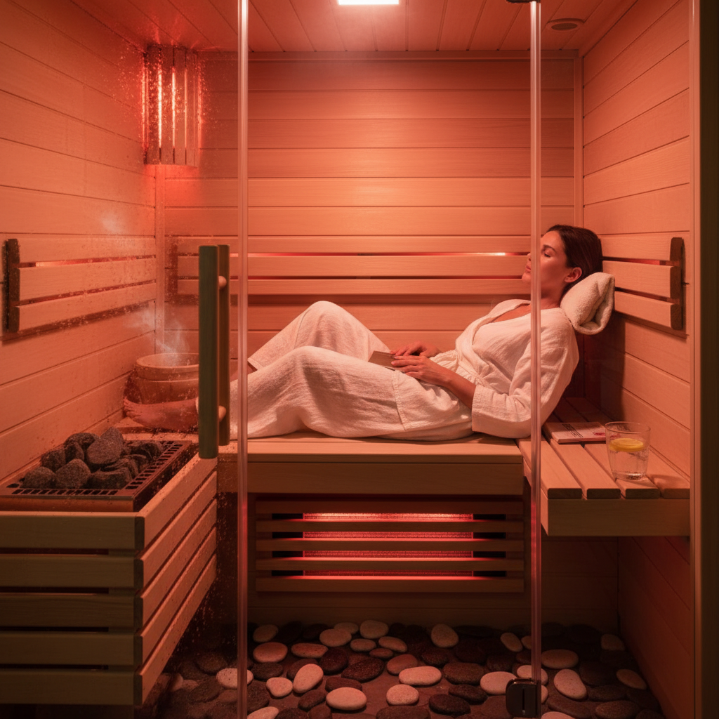 Entspannte Person liegt in einer Infrarotkabine